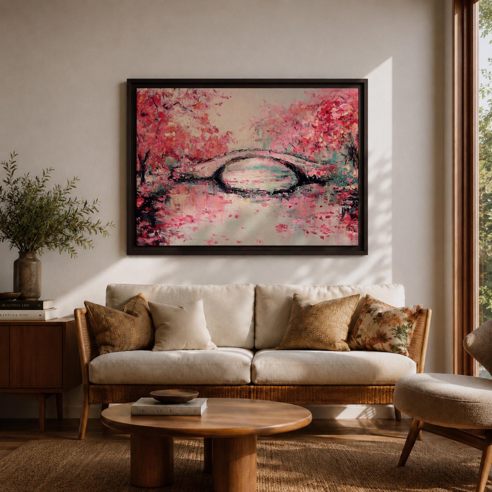 Cherry Blossom Bridge Wall Art Sakura Framed Canvas Japanese Garden Impasto Boho Home Decor
