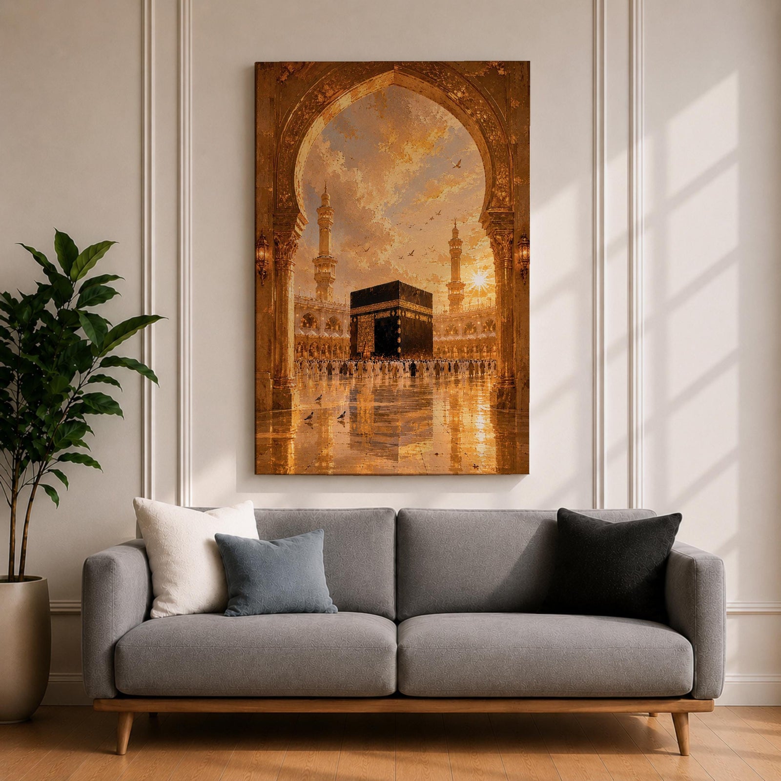 A detailed artwork depicting the Kaaba in Mecca framed by an ornate archway, showing pilgrims circling the black cube structure with minarets and a dramatic sky in the background, rendered in a realistic style capturing architectural and cultural elements.