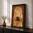 A detailed artwork depicting the Kaaba in Mecca framed by an ornate archway, showing pilgrims circling the black cube structure with minarets and a dramatic sky in the background, rendered in a realistic style capturing architectural and cultural elements.