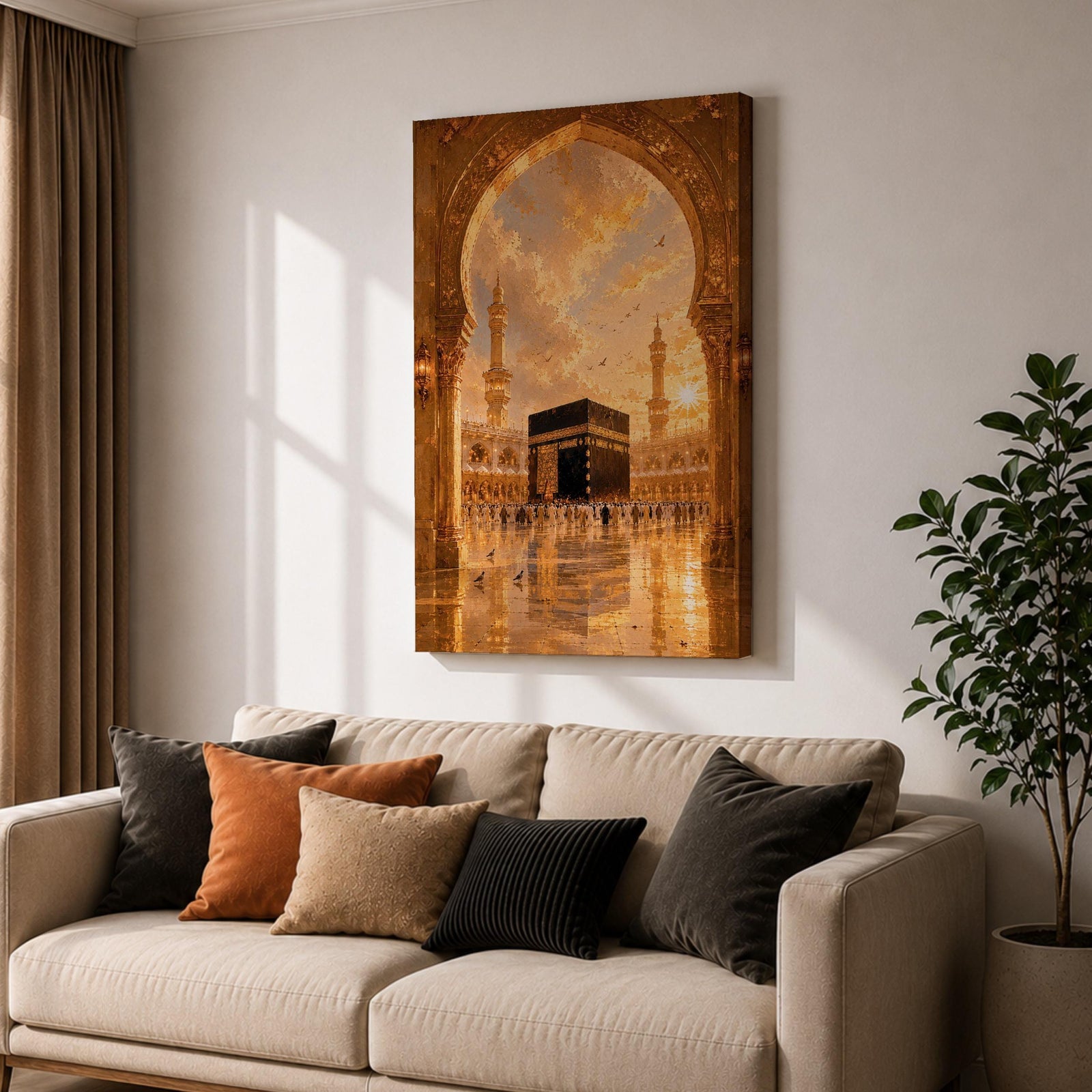 A detailed artwork depicting the Kaaba in Mecca framed by an ornate archway, showing pilgrims circling the black cube structure with minarets and a dramatic sky in the background, rendered in a realistic style capturing architectural and cultural elements.