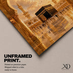 A detailed artwork depicting the Kaaba in Mecca framed by an ornate archway, showing pilgrims circling the black cube structure with minarets and a dramatic sky in the background, rendered in a realistic style capturing architectural and cultural elements.