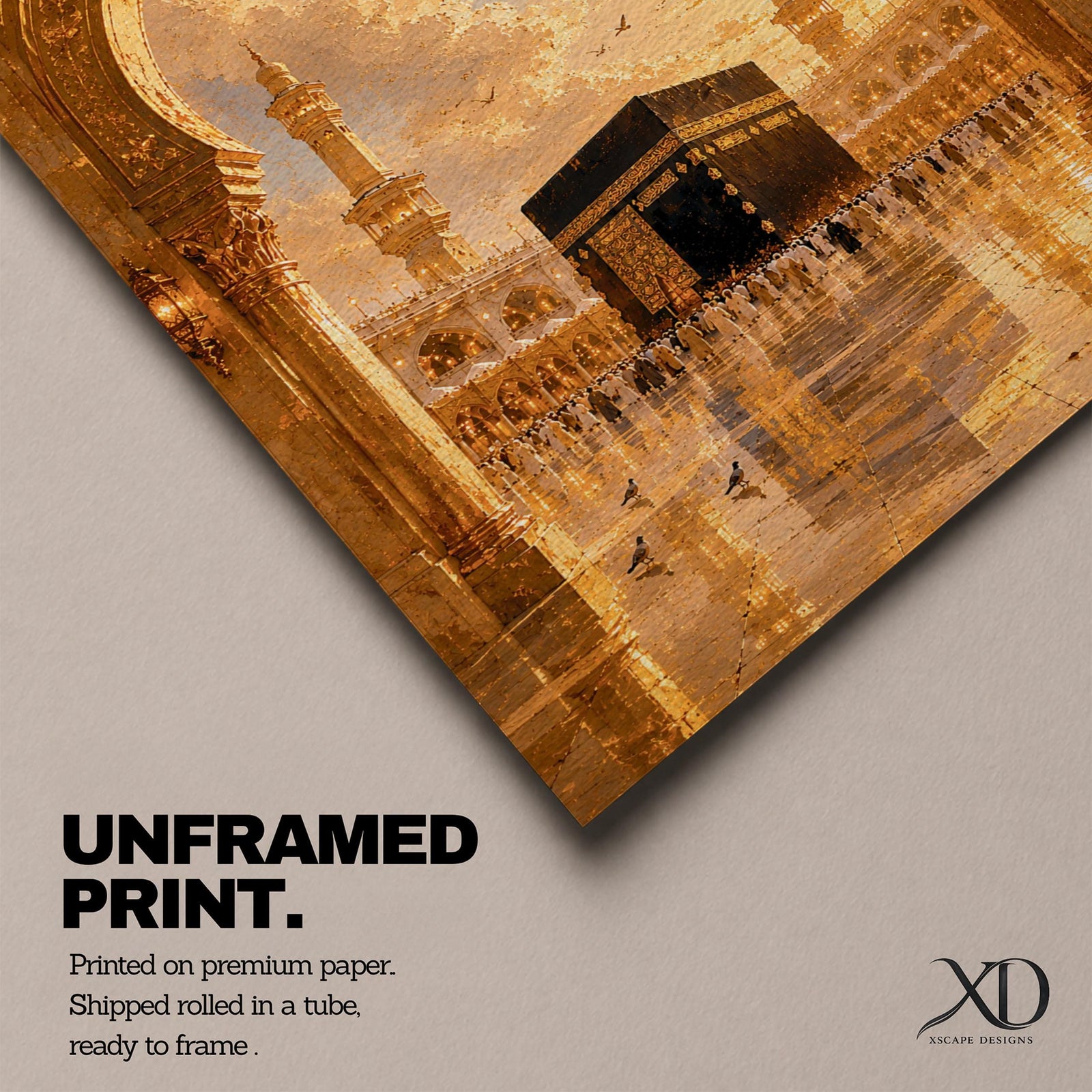 A detailed artwork depicting the Kaaba in Mecca framed by an ornate archway, showing pilgrims circling the black cube structure with minarets and a dramatic sky in the background, rendered in a realistic style capturing architectural and cultural elements.