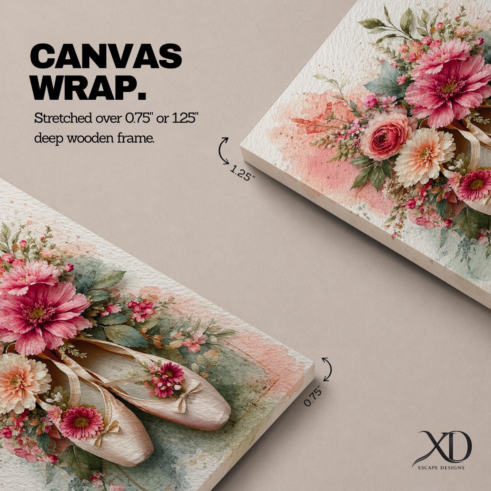A watercolor style floral artwork featuring a pair of ballet pointe shoes adorned with vibrant pink, peach, and cream flowers and green leaves. The composition blends delicate botanical elements with the soft texture of the ballet shoes, creating a harmonious and elegant floral-themed piece.