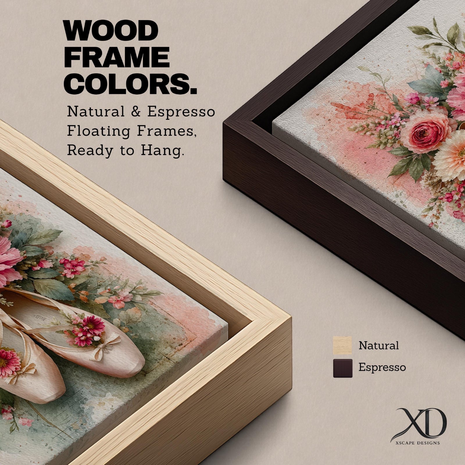 A watercolor style floral artwork featuring a pair of ballet pointe shoes adorned with vibrant pink, peach, and cream flowers and green leaves. The composition blends delicate botanical elements with the soft texture of the ballet shoes, creating a harmonious and elegant floral-themed piece.