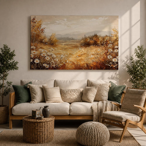 Autumn Meadow Wall Art Prairie Framed Canvas Rustic Fall Wildflower Vintage Cottage Home Decor