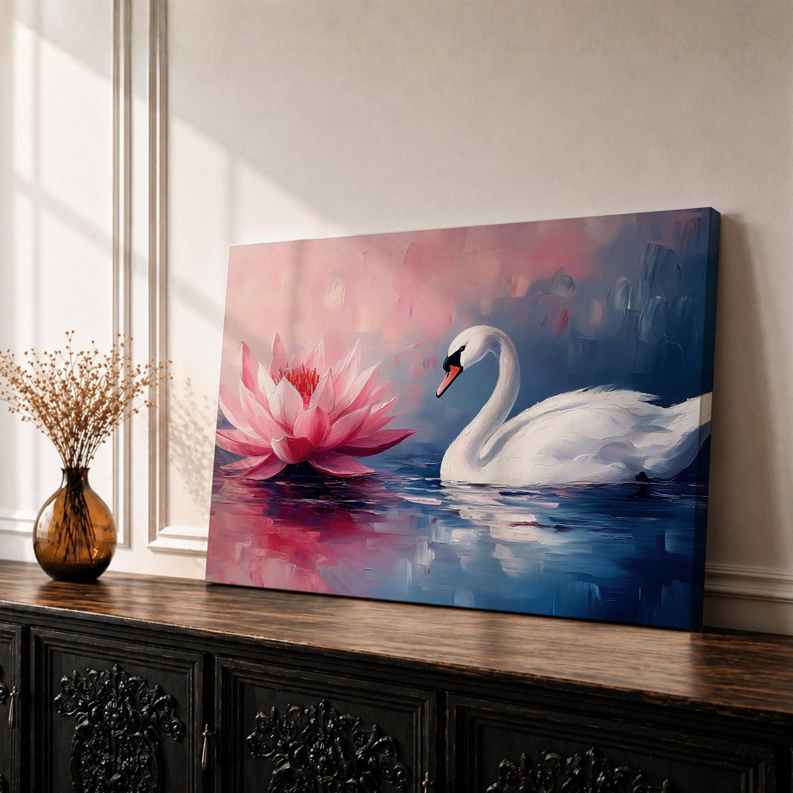 Swan Wall Art Lotus Framed Canvas Botanical Pond Floral Boho Home Decor