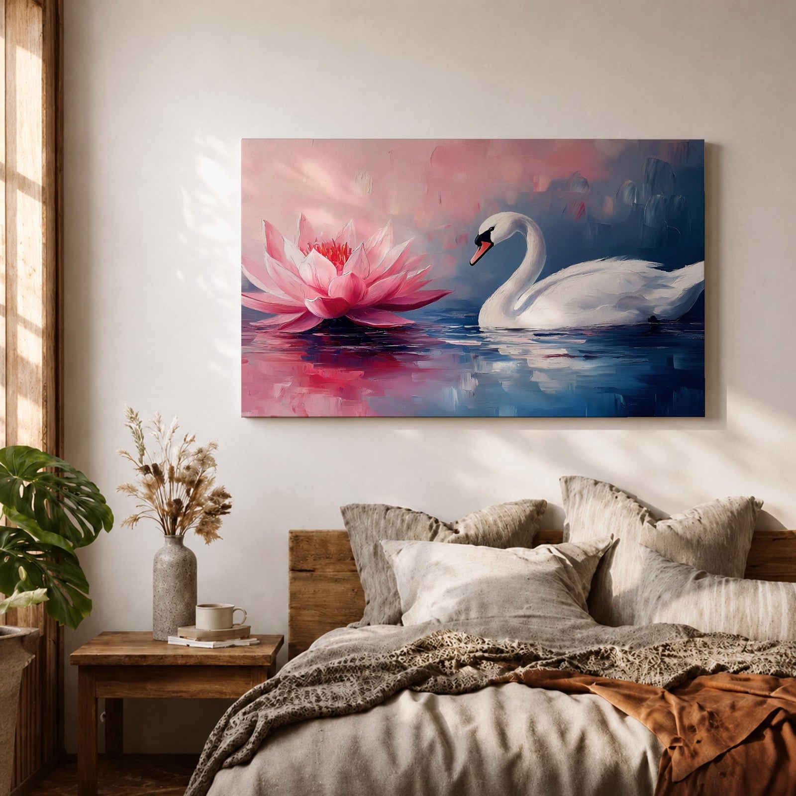 Swan Wall Art Lotus Framed Canvas Botanical Pond Floral Boho Home Decor