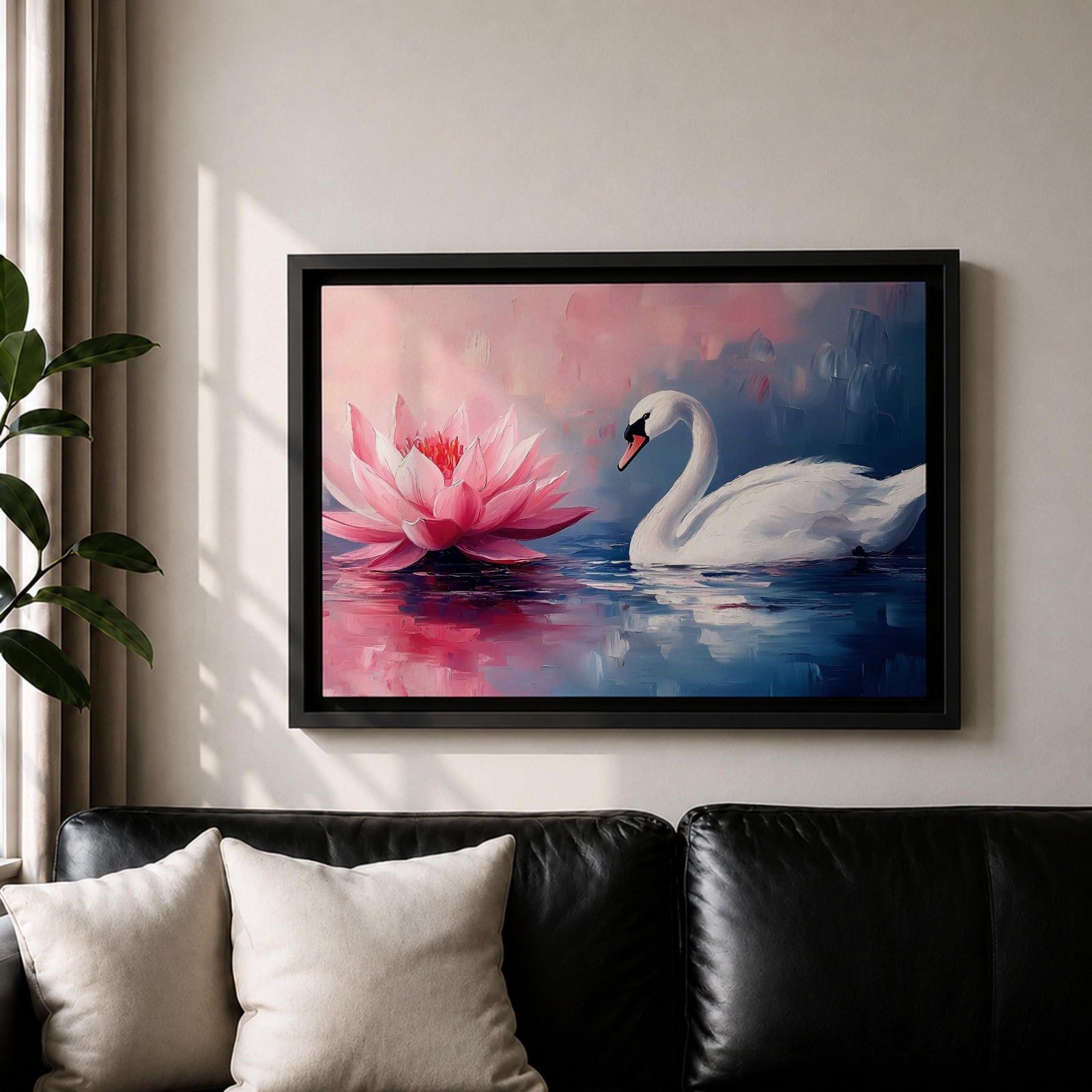 Swan Wall Art Lotus Framed Canvas Botanical Pond Floral Boho Home Decor