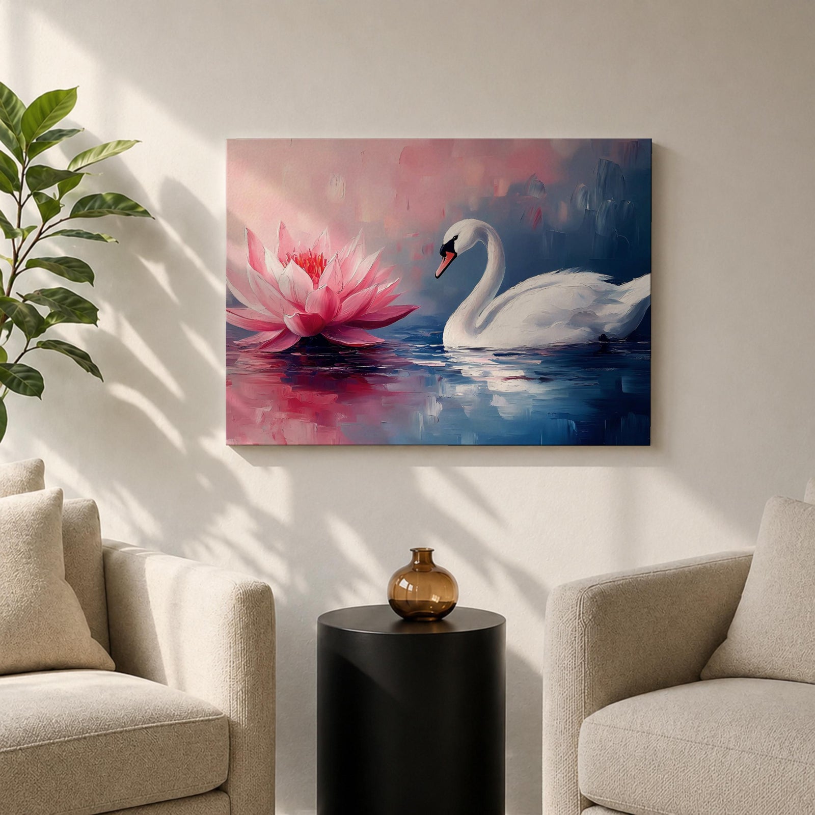 Swan Wall Art Lotus Framed Canvas Botanical Pond Floral Boho Home Decor