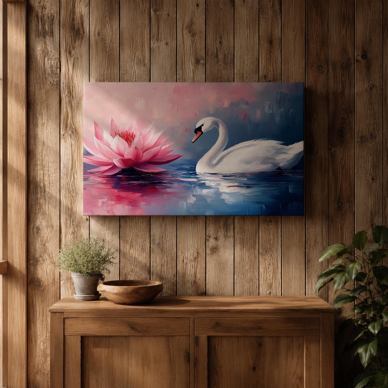 Swan Wall Art Lotus Framed Canvas Botanical Pond Floral Boho Home Decor