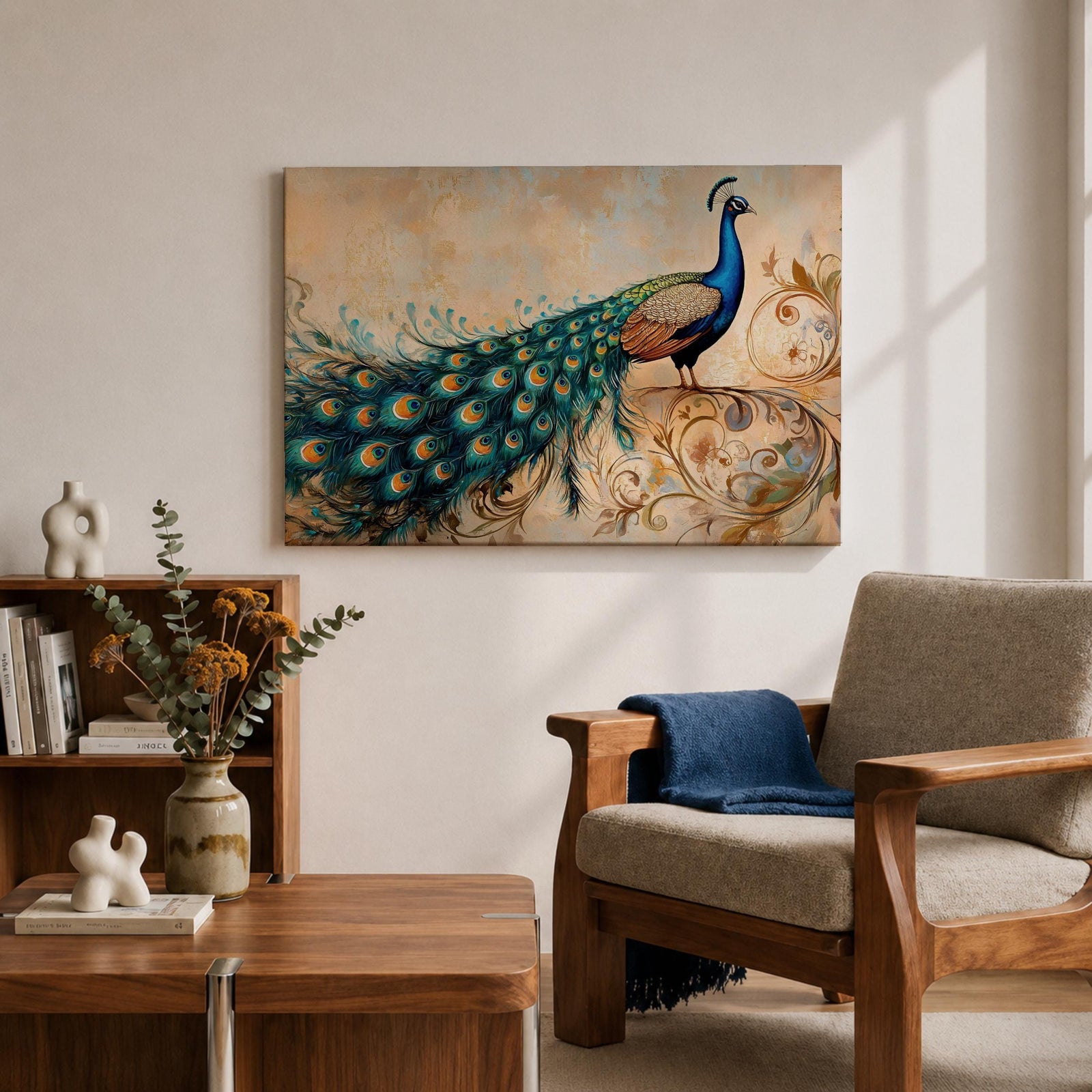 Peacock Wall Art Tropical Bird Framed Canvas Indian Pavo Wildlife Botanical Living Room Decor