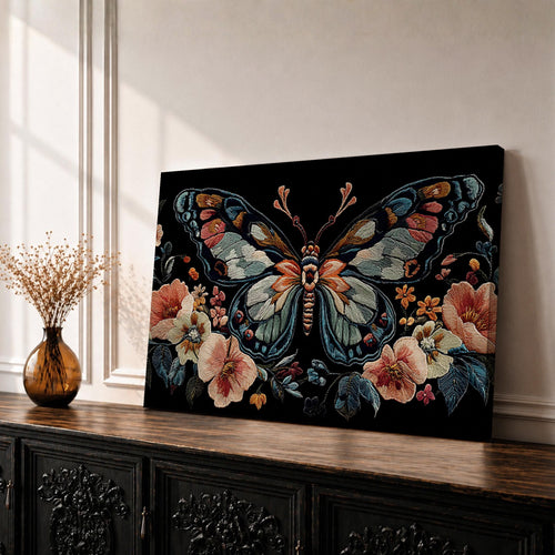 Butterfly Wall Art Luna Moth Framed Canvas Botanical Embroidery Vintage Floral Bedroom Decor