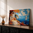 Autumn Coastal Wall Art Mediterranean Village Seascape Framed Canvas Impasto Living Room Decor
