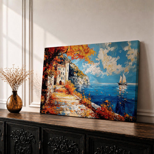 Autumn Coastal Wall Art Mediterranean Village Seascape Framed Canvas Impasto Living Room Decor