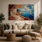 Autumn Coastal Wall Art Mediterranean Village Seascape Framed Canvas Impasto Living Room Decor