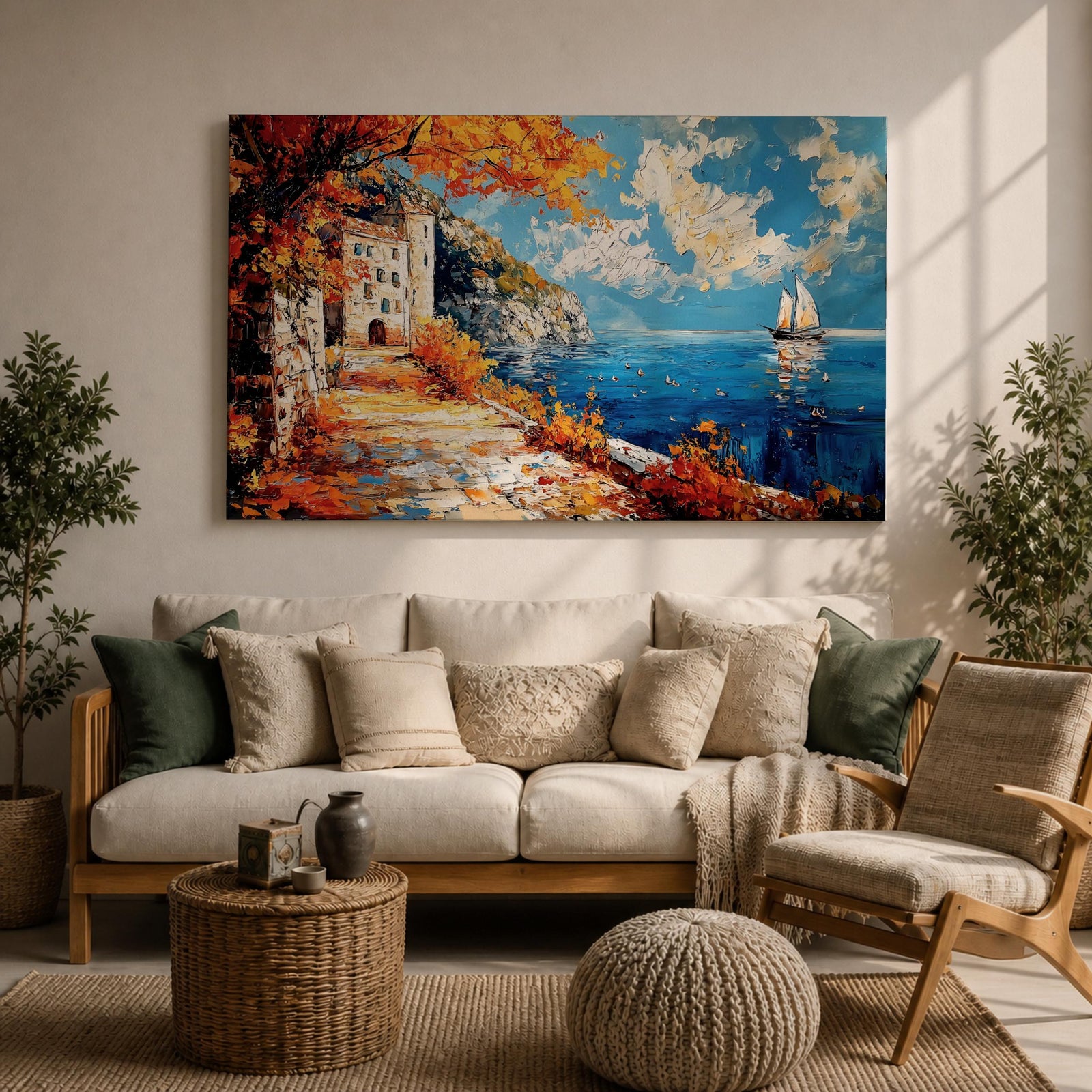 Autumn Coastal Wall Art Mediterranean Village Seascape Framed Canvas Impasto Living Room Decor