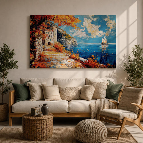 Autumn Coastal Wall Art Mediterranean Village Seascape Framed Canvas Impasto Living Room Decor