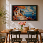 Autumn Coastal Wall Art Mediterranean Village Seascape Framed Canvas Impasto Living Room Decor