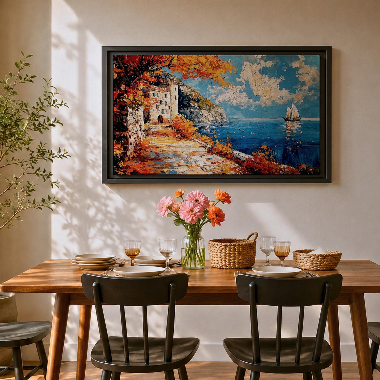 Autumn Coastal Wall Art Mediterranean Village Seascape Framed Canvas Impasto Living Room Decor