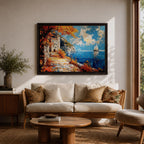 Autumn Coastal Wall Art Mediterranean Village Seascape Framed Canvas Impasto Living Room Decor