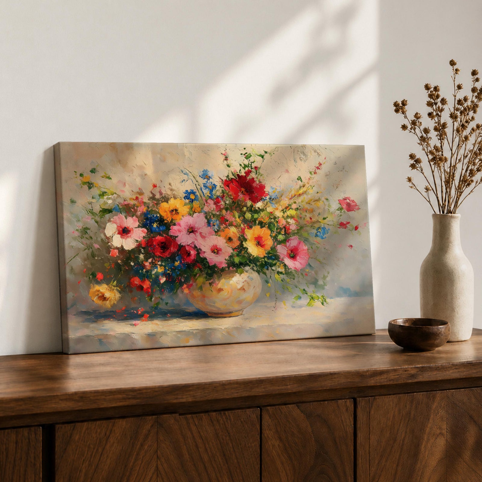 Floral Bouquet Wall Art Flower Vase Framed Canvas Botanical Impasto Garden Kitchen Decor