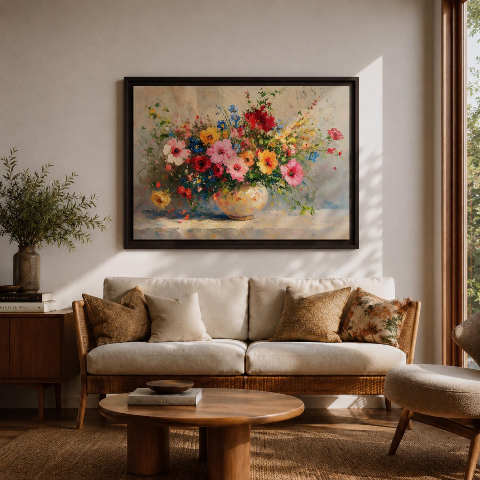 Floral Bouquet Wall Art Flower Vase Framed Canvas Botanical Impasto Garden Kitchen Decor