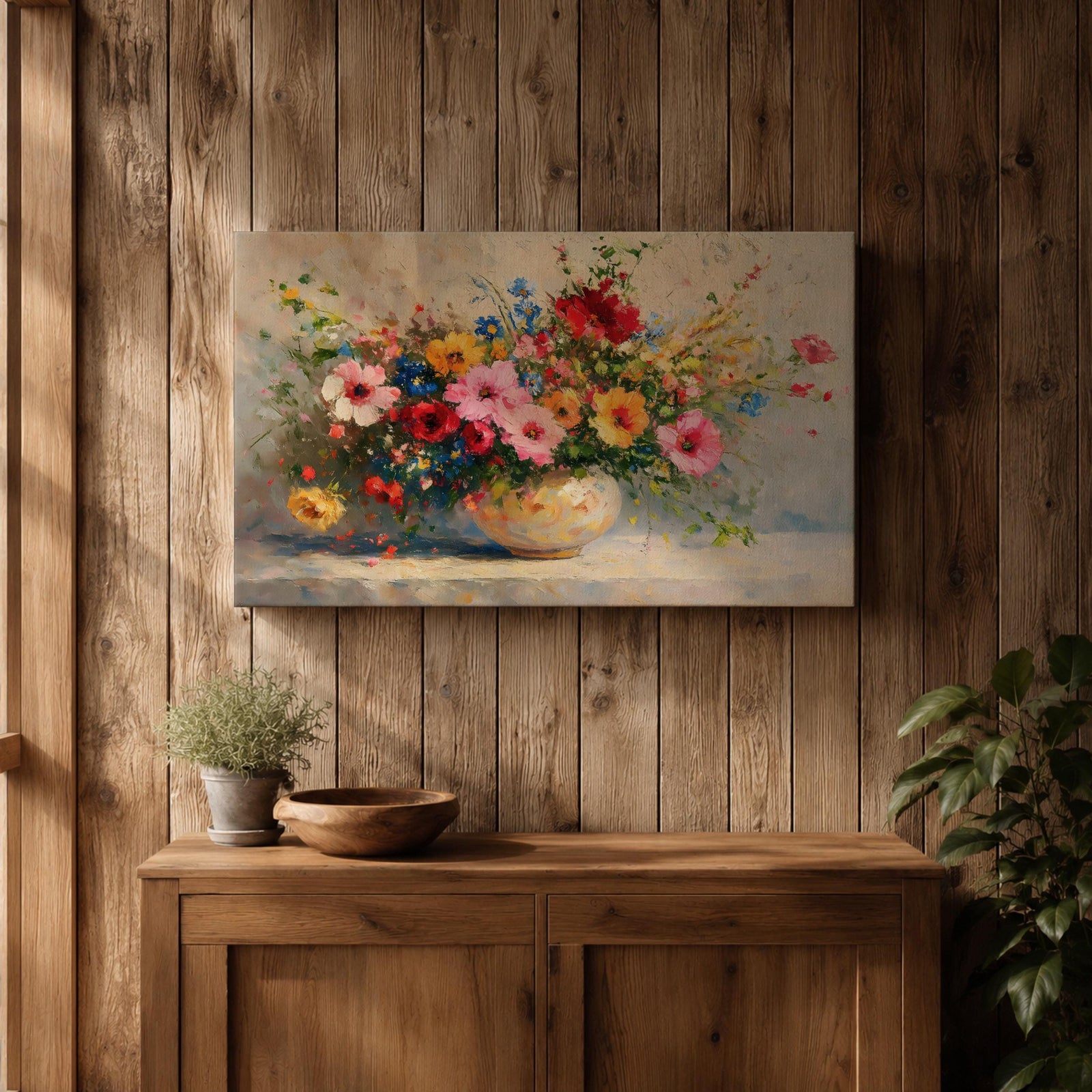 Floral Bouquet Wall Art Flower Vase Framed Canvas Botanical Impasto Garden Kitchen Decor