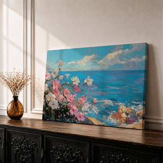 Coastal Flower Wall Art Beach Blossoms Framed Canvas Nautical Ocean Impasto Bedroom Decor