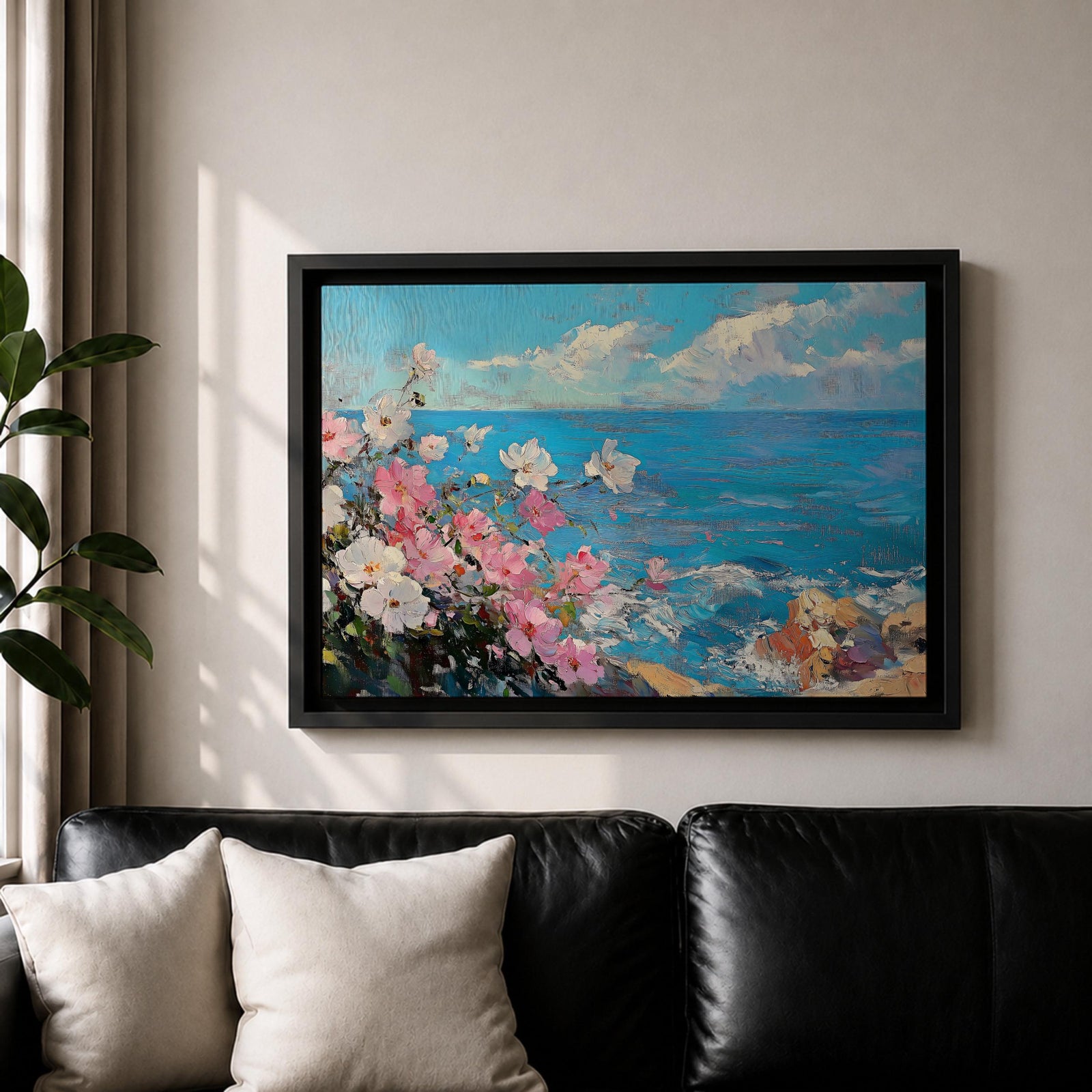 Coastal Flower Wall Art Beach Blossoms Framed Canvas Nautical Ocean Impasto Bedroom Decor