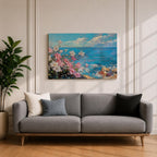 Coastal Flower Wall Art Beach Blossoms Framed Canvas Nautical Ocean Impasto Bedroom Decor