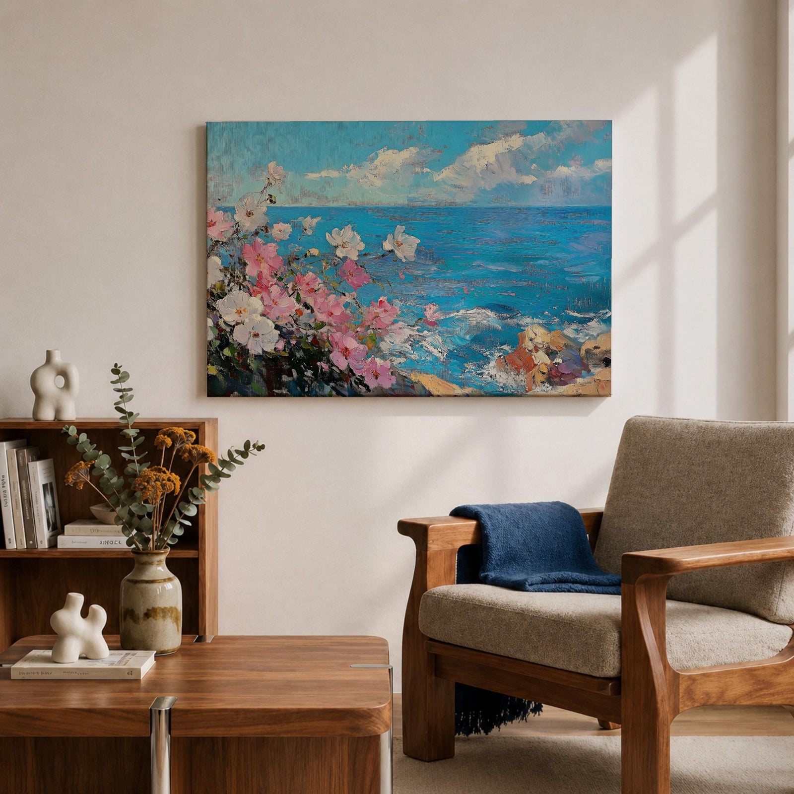 Coastal Flower Wall Art Beach Blossoms Framed Canvas Nautical Ocean Impasto Bedroom Decor