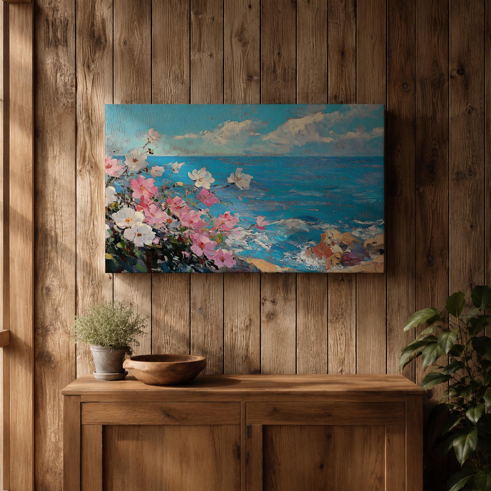 Coastal Flower Wall Art Beach Blossoms Framed Canvas Nautical Ocean Impasto Bedroom Decor