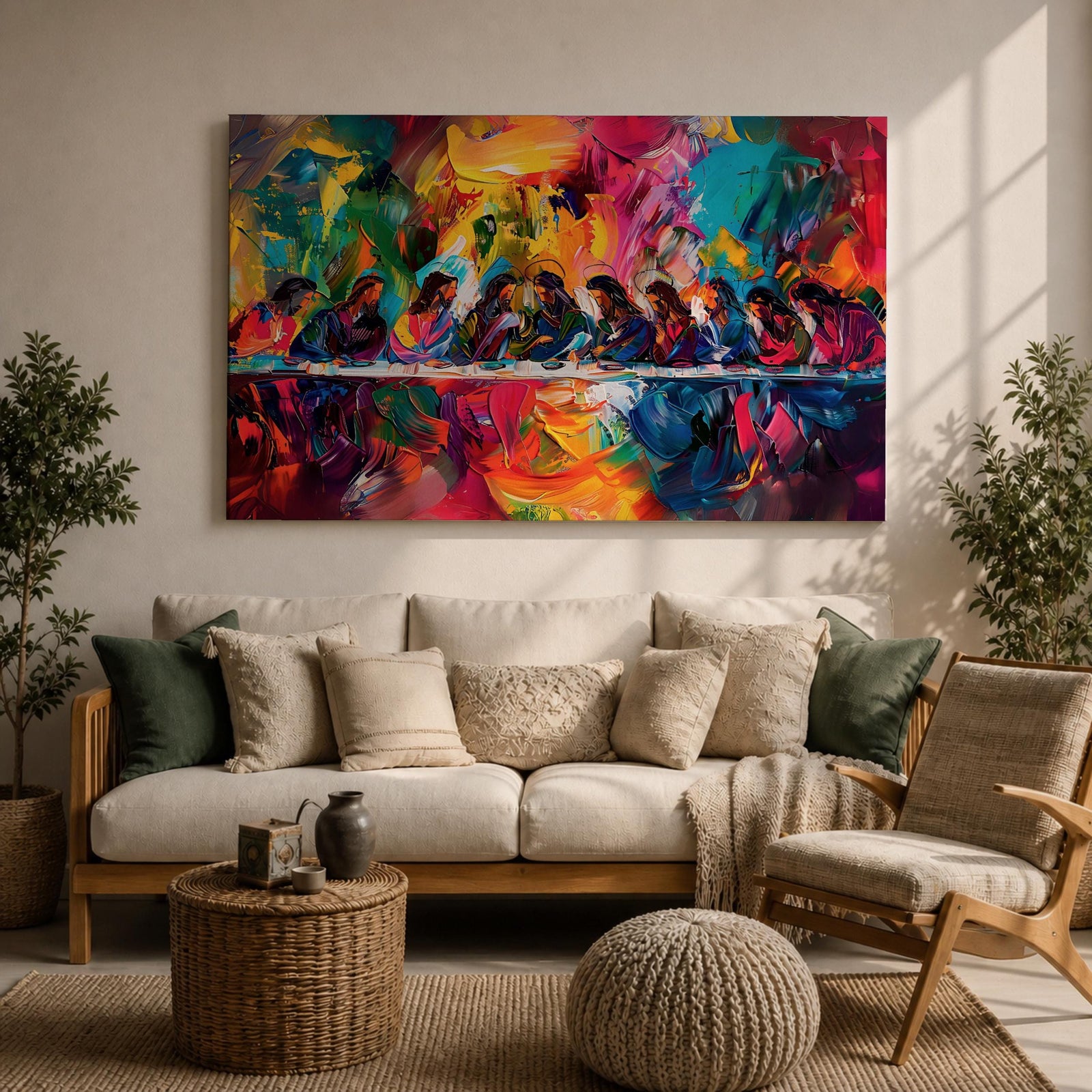 Last Supper Wall Art Jesus and Apostles Framed Canvas Colorful Abstract Christian Home Decor