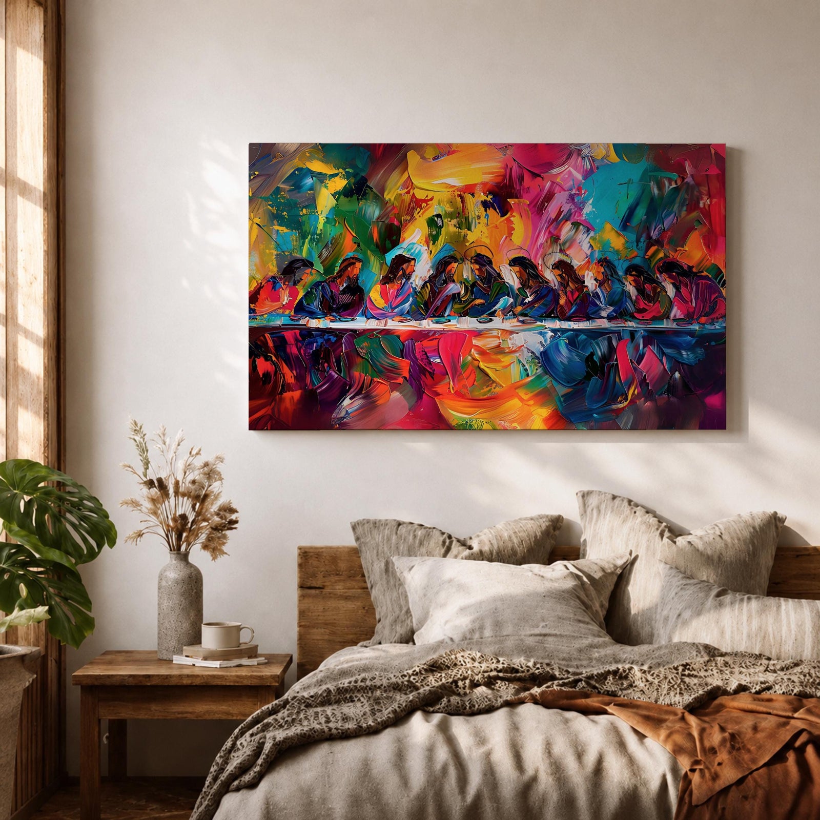 Last Supper Wall Art Jesus and Apostles Framed Canvas Colorful Abstract Christian Home Decor