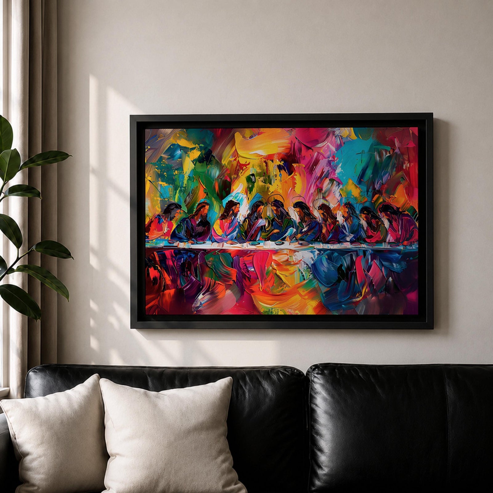 Last Supper Wall Art Jesus and Apostles Framed Canvas Colorful Abstract Christian Home Decor