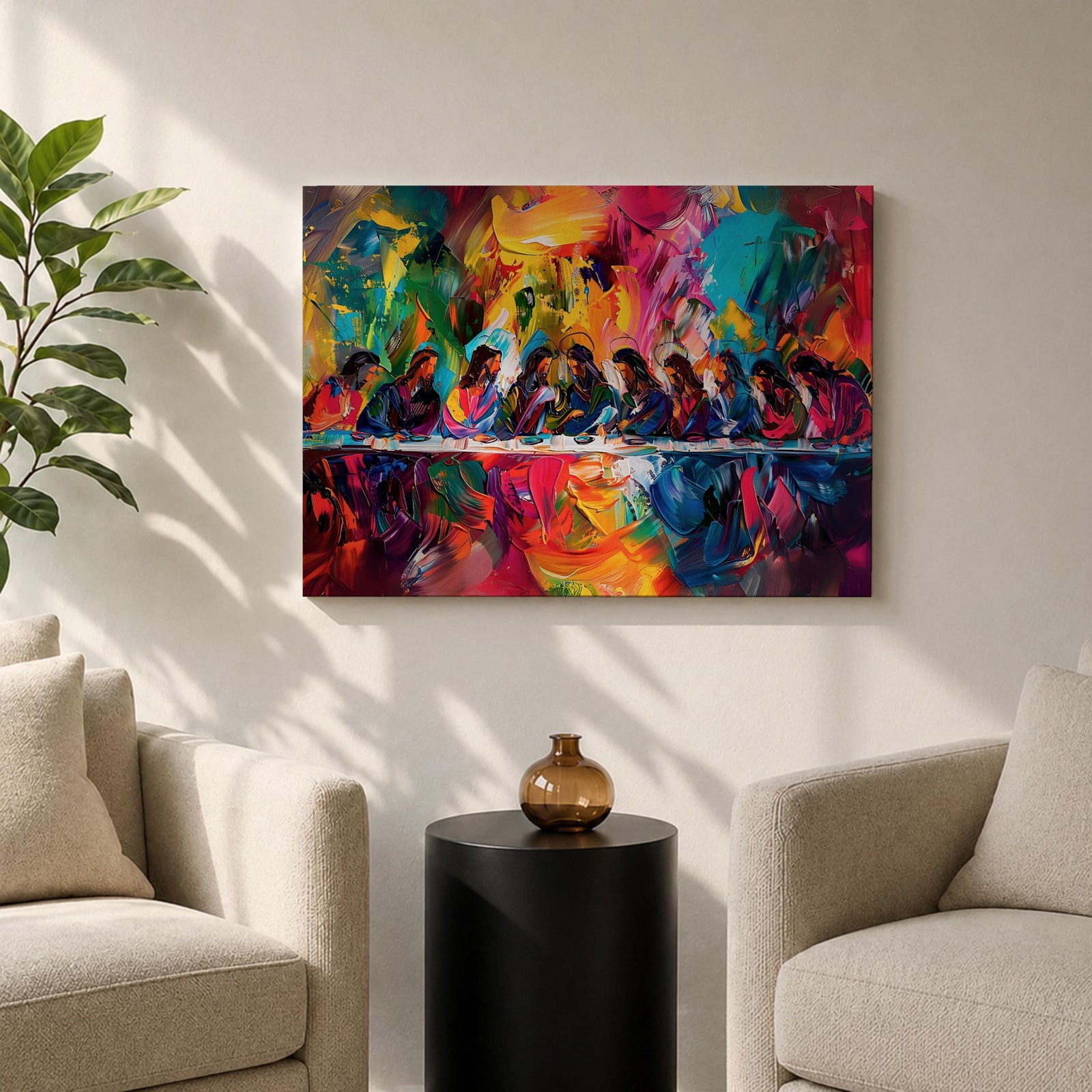 Last Supper Wall Art Jesus and Apostles Framed Canvas Colorful Abstract Christian Home Decor