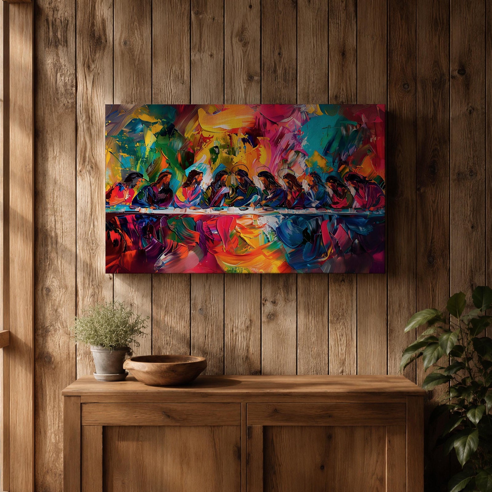 Last Supper Wall Art Jesus and Apostles Framed Canvas Colorful Abstract Christian Home Decor