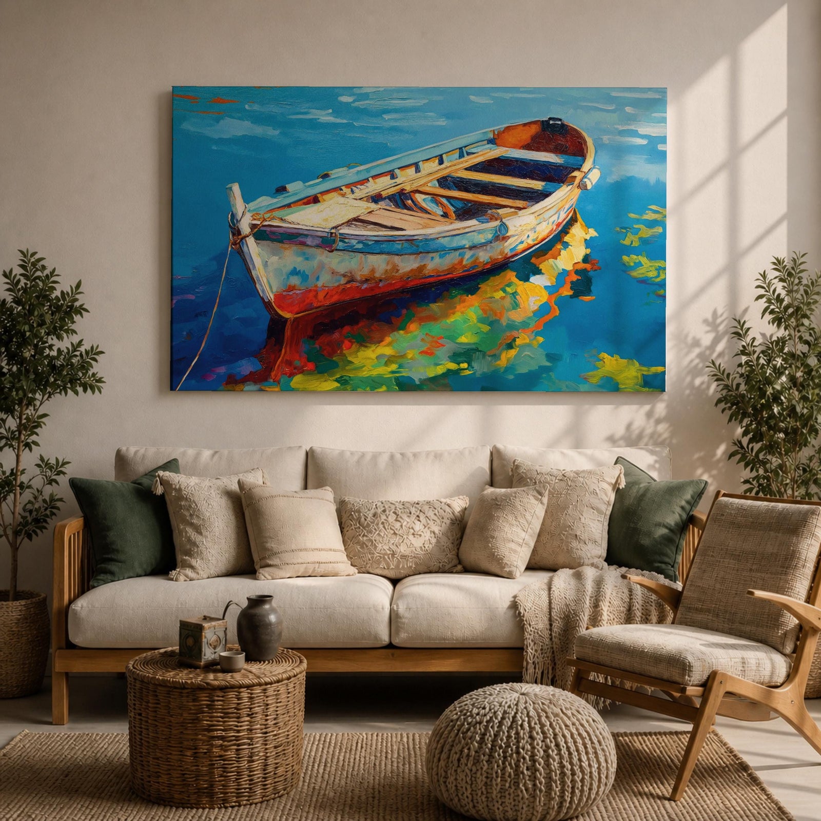 Rowboat Wall Art Dinghy Framed Canvas Nautical Seascape Harbor Coastal Boho Home Decor