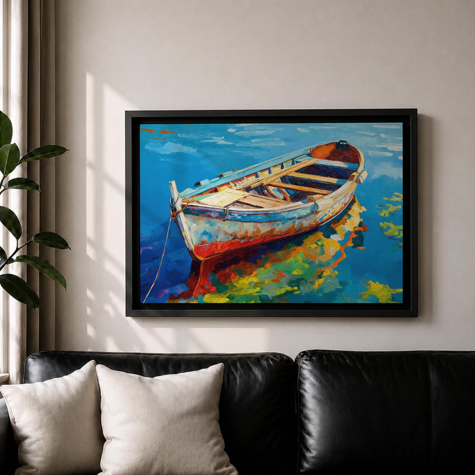 Rowboat Wall Art Dinghy Framed Canvas Nautical Seascape Harbor Coastal Boho Home Decor
