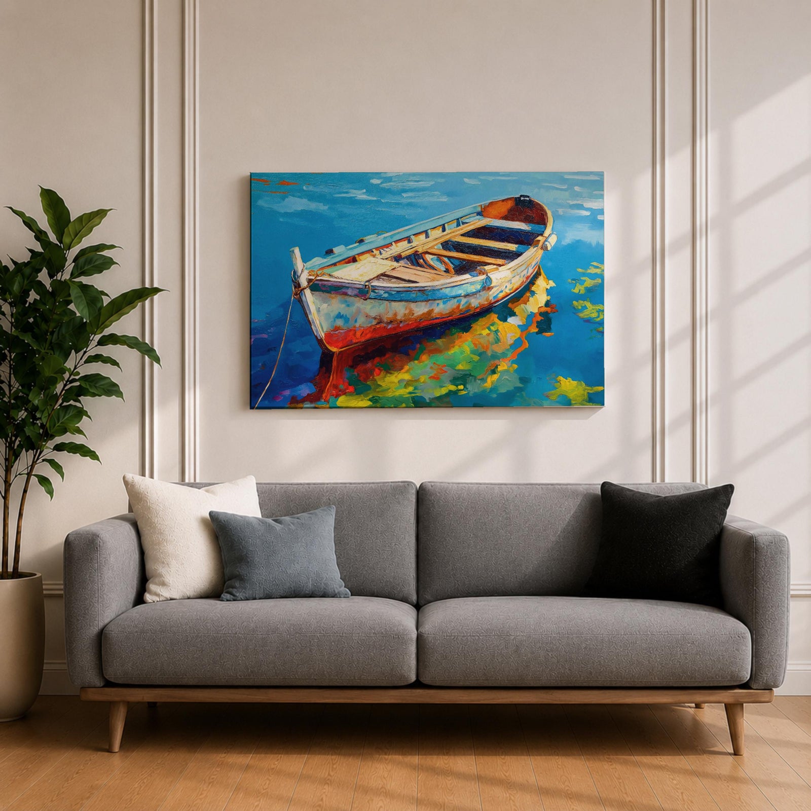 Rowboat Wall Art Dinghy Framed Canvas Nautical Seascape Harbor Coastal Boho Home Decor