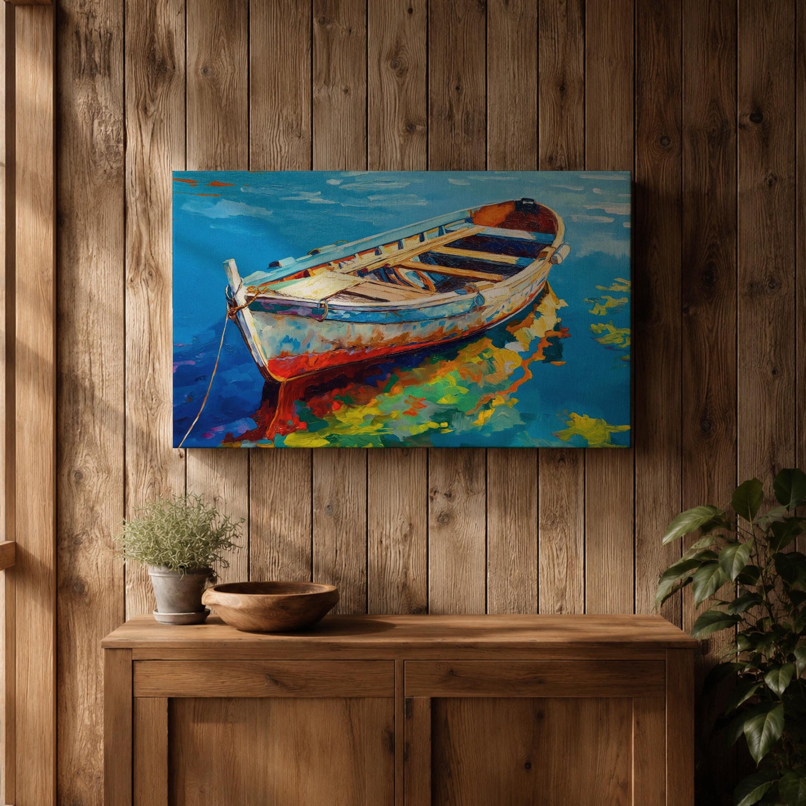 Rowboat Wall Art Dinghy Framed Canvas Nautical Seascape Harbor Coastal Boho Home Decor