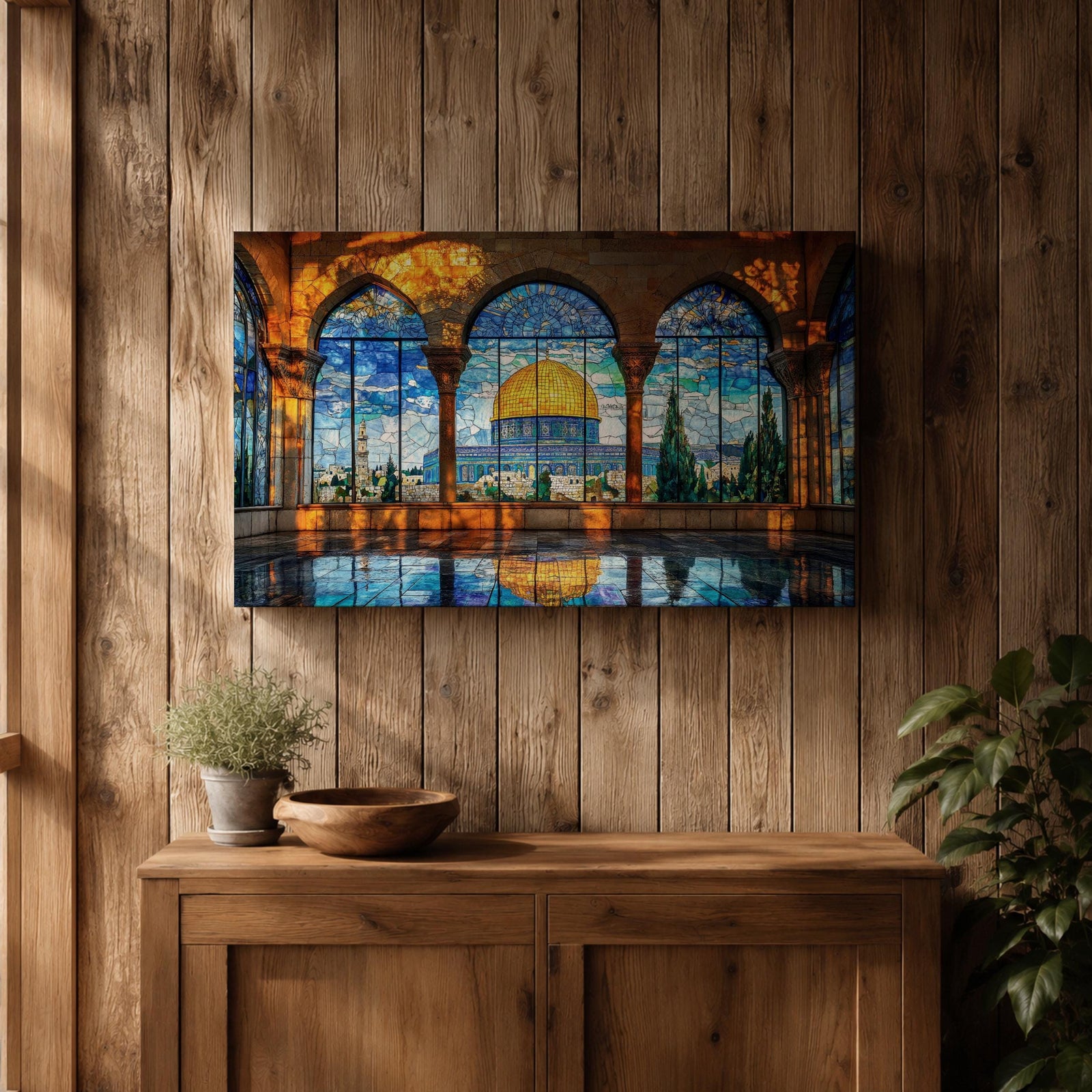 Dome Rock Wall Art Arch View Framed Canvas Qubbat Sakhra Stained Glass Muslim Decor