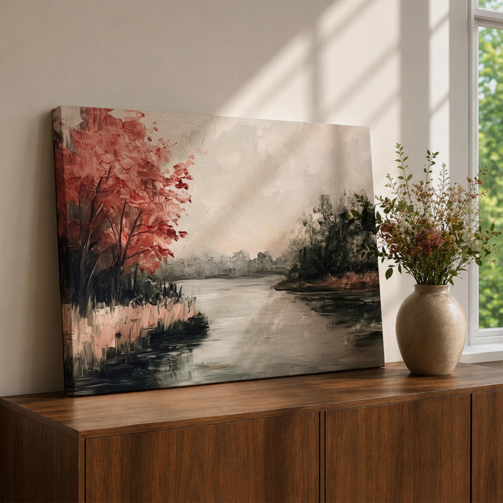 Autumn Landscape Wall Art Fall Foliage Framed Canvas Riverside Vintage Rustic Cottage Home Decor