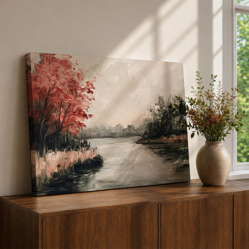 Autumn Landscape Wall Art Fall Foliage Framed Canvas Riverside Vintage Rustic Cottage Home Decor