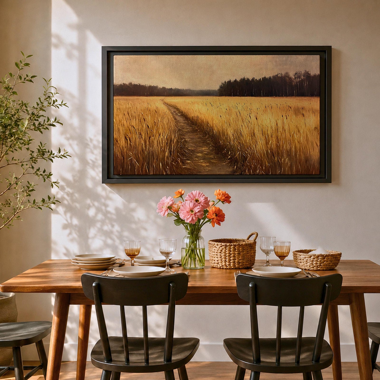 Wheat Field Wall Art Prairie Framed Canvas Panoramic Path Rustic Farmhouse Home Decor