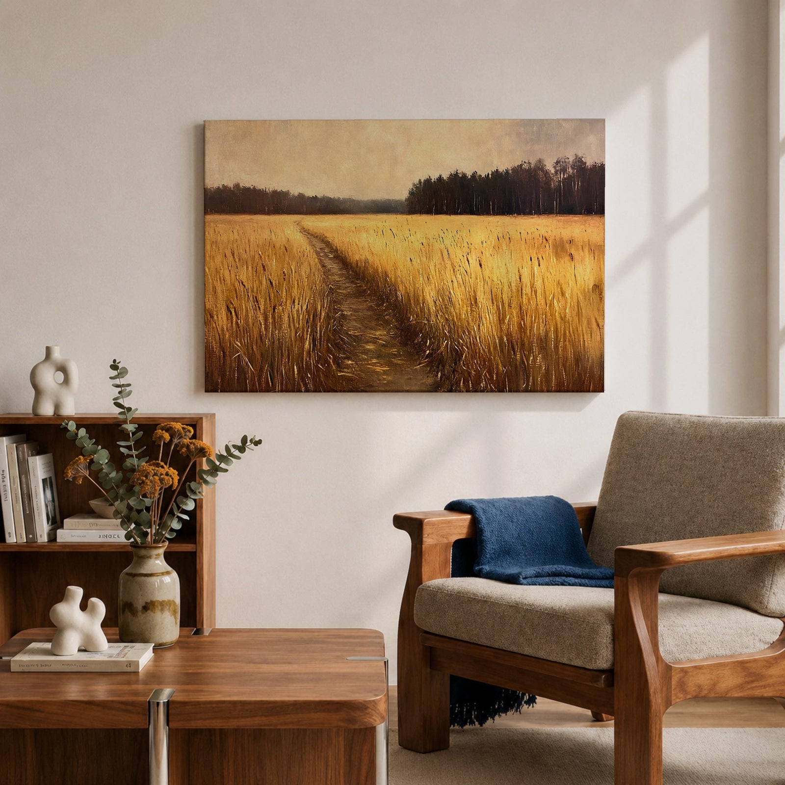 Wheat Field Wall Art Prairie Framed Canvas Panoramic Path Rustic Farmhouse Home Decor