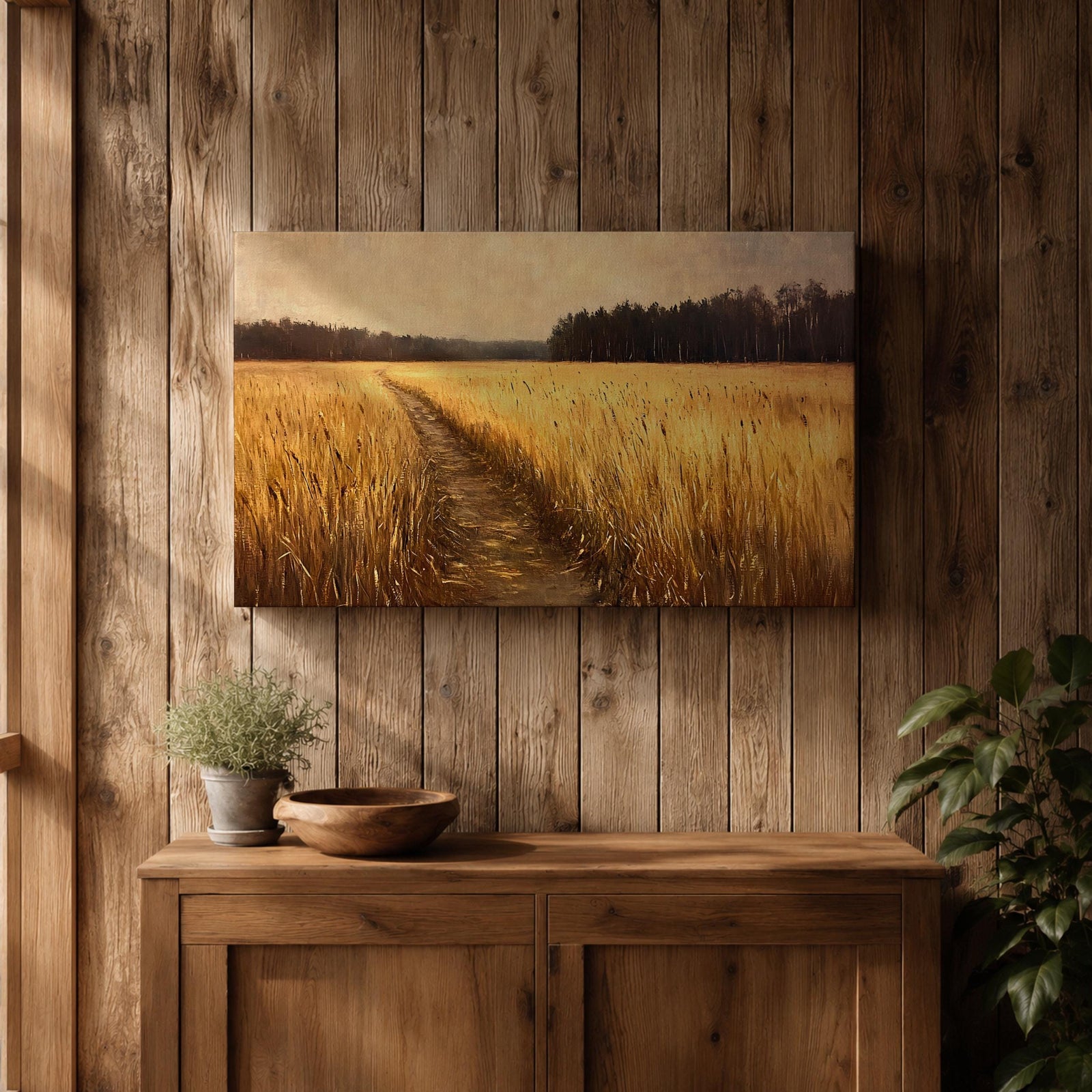 Wheat Field Wall Art Prairie Framed Canvas Panoramic Path Rustic Farmhouse Home Decor