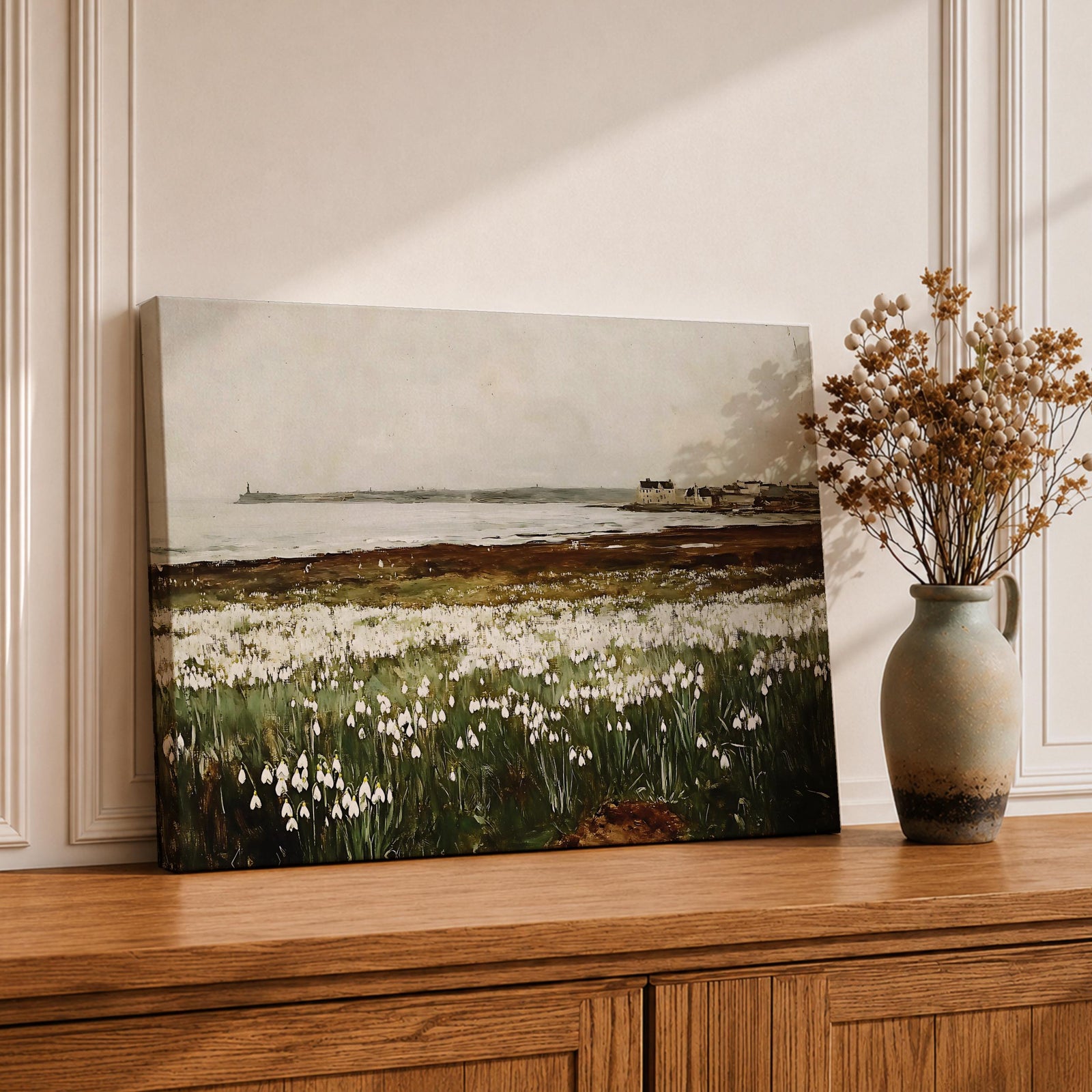 Coastal Seascape Wall Art Shoreline Framed Canvas Beach Meadow Vintage Cottage Rustic Home Decor