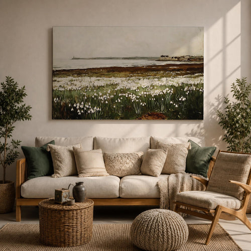 Coastal Seascape Wall Art Shoreline Framed Canvas Beach Meadow Vintage Cottage Rustic Home Decor