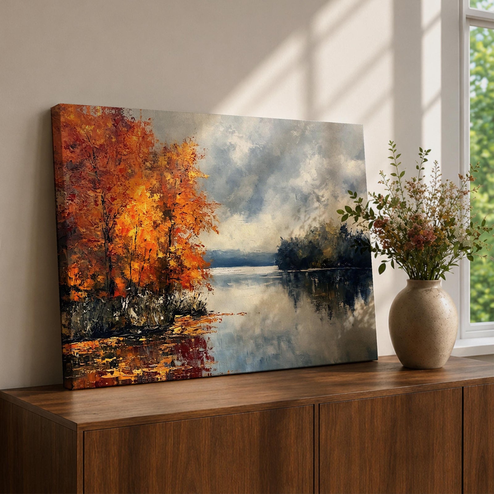 Autumn Lake Wall Art Fall Foliage Framed Canvas Rustic Cabin Vintage Nature Home Decor